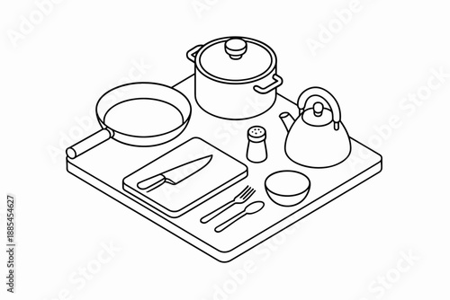 Isometric kitchen surface including pan pot cutting board salt shaker kettle bowl utensils and cup for dashboards.