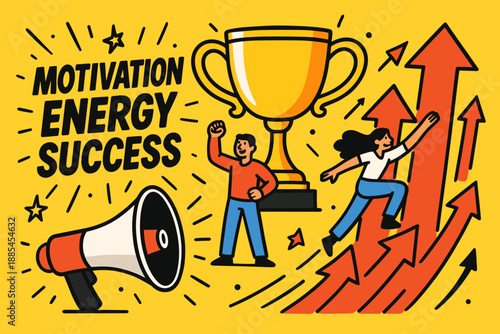 motivation energy success flat cartoon comic banner with oversized objects and tiny characters shows giant trophy megaphone and rising arrows.