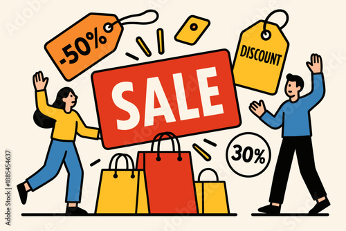 sale promo discount flat vector banner with headline characters and key objects shows vibrant sale scene with bold tags and shopping bags.