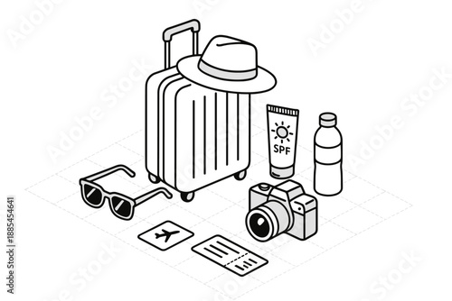 Isometric travel station with suitcase hat sunglasses sunscreen camera ticket and water bottle for landing pages.