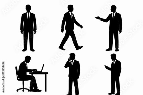 office worker employee vector silhouette set with multiple poses shows standing walking presenting typing and phone using positions.