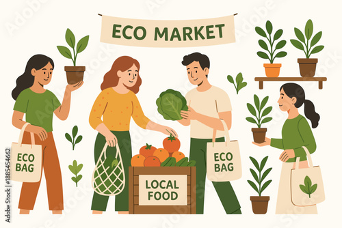 eco shopping market vector illustration scene with characters and objects shows people selecting local produce plants and reusable bags.