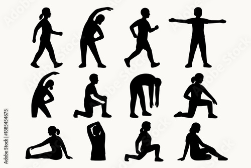 Silhouettes of people doing gentle spring fitness like brisk walking stretching light jogging arm circles side bends lunges and cool down poses for wellness guides.