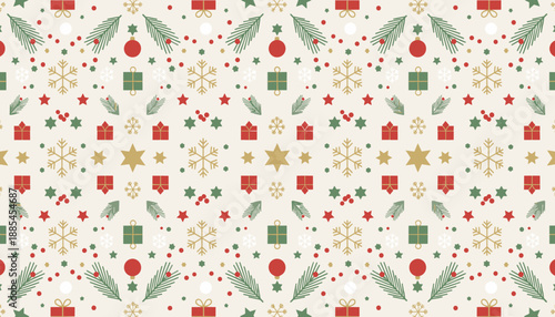 Seamless Christmas pattern with gifts snowflakes and festive decorations for holiday design and textiles