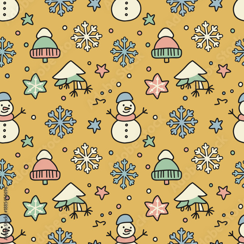 Handdrawn seamless winter holiday pattern with snowmen snowflakes and trees on a warm mustard yellow background