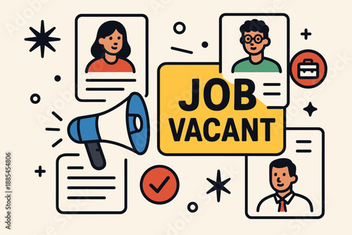 Job hiring recruitment flat vector banner candidates profiles megaphone icons.
