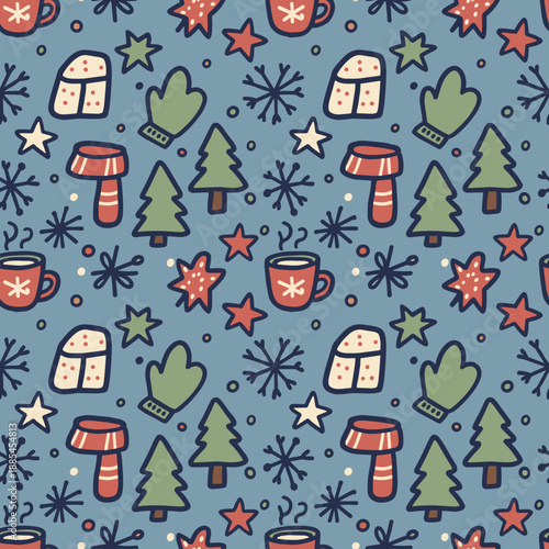 Cozy seamless winter pattern with handdrawn Christmas elements trees mugs mittens and snowflakes