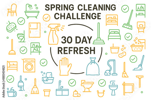 Poster layout for spring cleaning challenge with central thirty day refresh title ringed by icons of rooms sprays mops bags and checkmarks.
