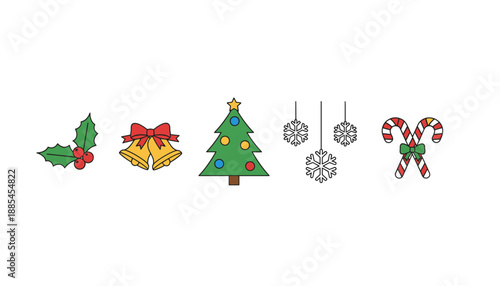 Cute Christmas icons set tree holly bells snowflakes and candy canes vector illustration
