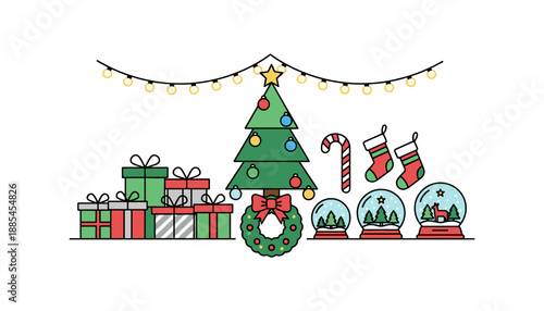 Cute Christmas icons set with tree gifts stockings and snow globes Festive vector graphic