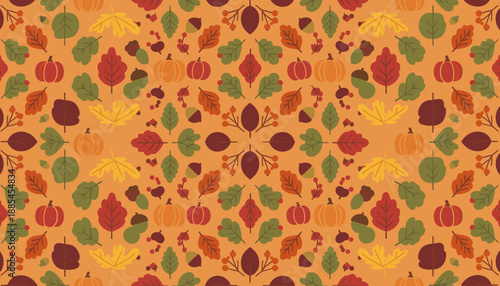 Seamless flat fall pattern with pumpkins colorful leaves acorns and berries Thanksgiving background