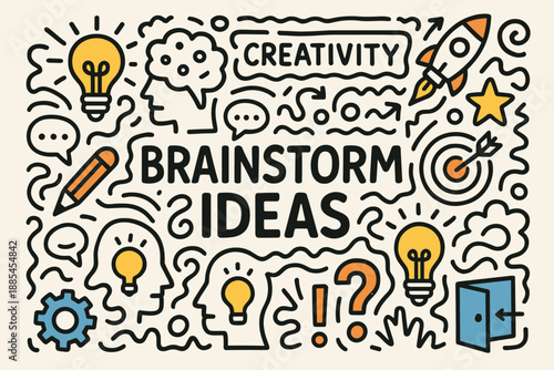 Brainstorm ideas creativity flat vector doodle poster central headline thought icons.