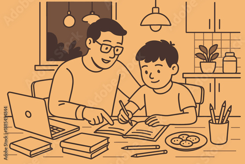 Illustration of parent helping child with homework at kitchen table with books pencils laptop snacks and evening light.