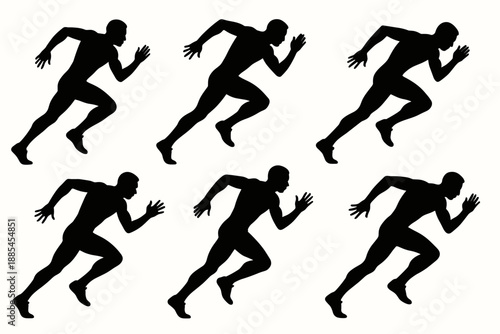 Athlete runner sprinter silhouette set multiple poses dynamic movement.