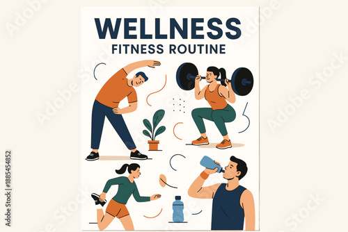 Wellness fitness routine vector A4 poster with characters stretching lifting and hydrating.