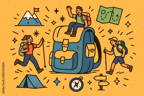 Adventure fun excitement flat cartoon comic banner oversized backpack tiny hikers.