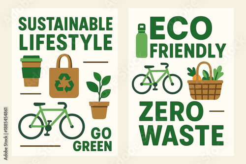 Two A4 banners for sustainable lifestyle tips featuring reusable cup tote bottle bike plants grocery basket and bold eco statements.