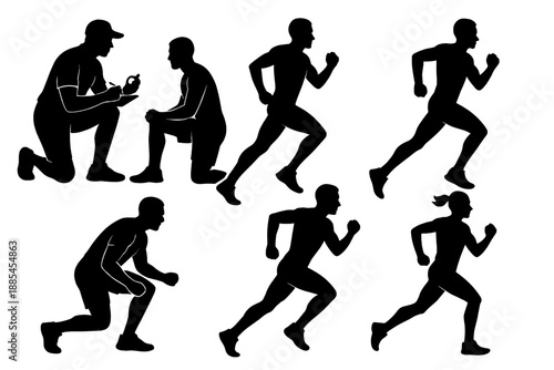 Athlete trainer runner silhouette set showing multiple action poses in fitness context.