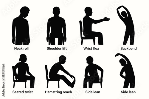 Silhouettes of simple office stretches including neck roll shoulder lift wrist flex backbend seated twist hamstring reach and side lean for wellness sheets.