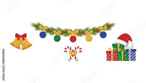 Christmas holiday vector set festive garland golden bells gifts and Santa hat on white background