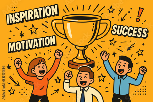 Inspiration motivation success flat cartoon comic banner with oversized trophy and tiny cheering characters.