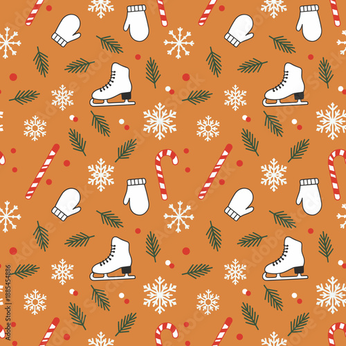 Seamless winter holiday pattern with ice skates snowflakes mittens and candy canes on an orange background