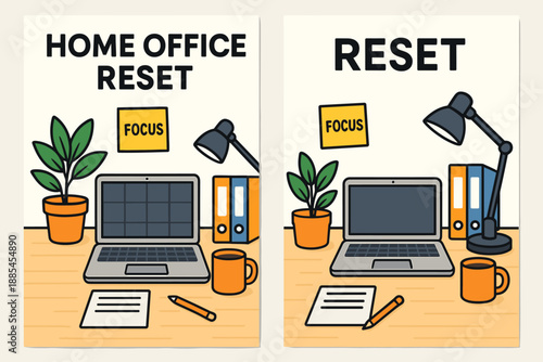 Two A4 banners showing home office resets with laptop plants mug folders lamp notes and focus reminders.