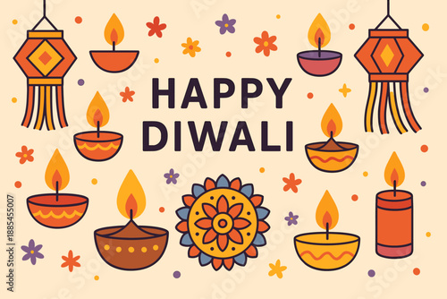 Diwali lights celebration flat cartoon holiday banner with candles lanterns rangoli.