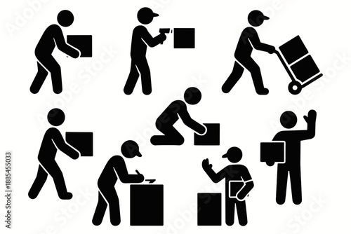 Silhouettes of delivery tasks including lifting parcel scanning code walking cart push placing box signing and waving for logistics materials.