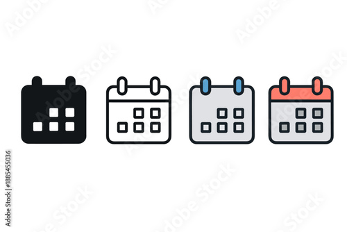 Four style calendar icon drawn as solid glyph outline minimal flat color and cartoon shading for scheduling UI.