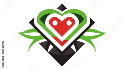 Vibrant and Modern Abstract Symmetrical Graphic Design for a Logo or Emblem Featuring a Stylized Heart Shape Enclosed by Geometric Elements