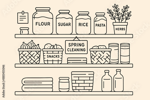 Illustration of spring cleaning pantry with jars labels baskets cans herbs towels notes and tidy shelves for home blogs.