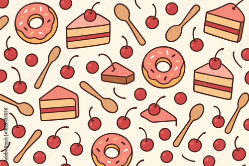 Dessert sweets treats vector seamless pattern with donuts cakes cherries and spoons.