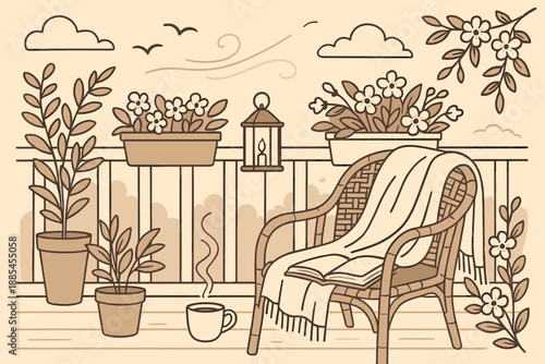 Illustration of cozy spring balcony with tea book plants blanket chair lantern sky breeze and flowers for lifestyle blogs.