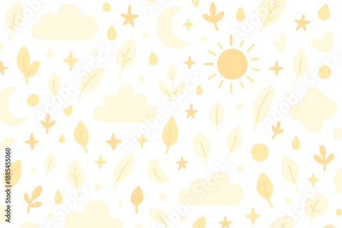 Pattern featuring soft clouds suns stars moons sparkles drops leaves feathers and gentle shapes for baby products.