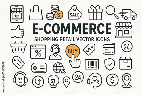 Ecommerce shopping retail vector icons poster with headline and various store related symbols.