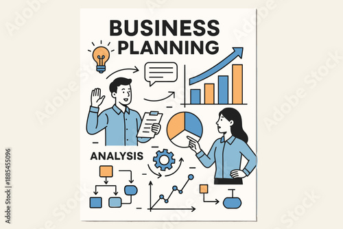 Business planning analysis vector A4 poster with charts diagrams arrows and characters presenting.