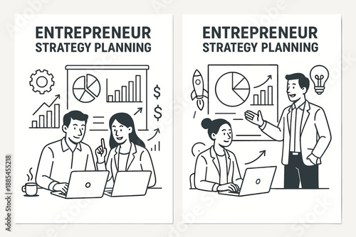 Entrepreneur strategy planning vector two a4 posters poster illustrating charts laptops whiteboard and presenting characters.