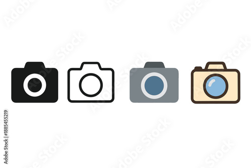 Camera photo snapshot four style vector icon set showing photography device variations.