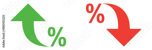Percent arrow icon set, vector illustrations of curved arrows with percent symbols for depicting economic growth, upward increase