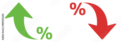 Percent arrow icon set, curved arrow icons with percent symbol representing economic growth, increase and decline trends, vector illustration