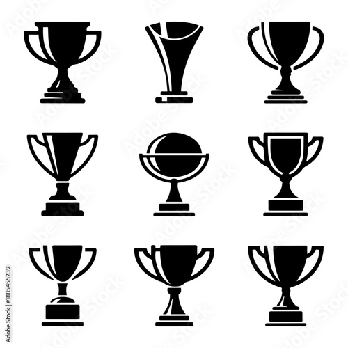 Vector black and white illustration of a set of silhouettes of prize cups awarded for victory.