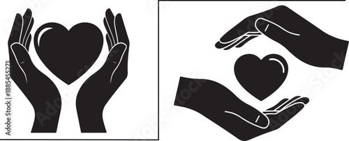  Flat silhouette vector of hands holding heart icon representing care, support and healthcare concept eps