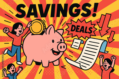 Comic banner celebrating savings with giant piggy bank huge coin large receipt arrows and tiny characters cheering deals.