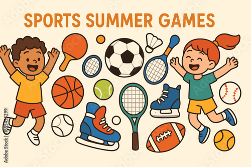 Sports summer games flat cartoon holiday banner with balls rackets skates and excited kids.