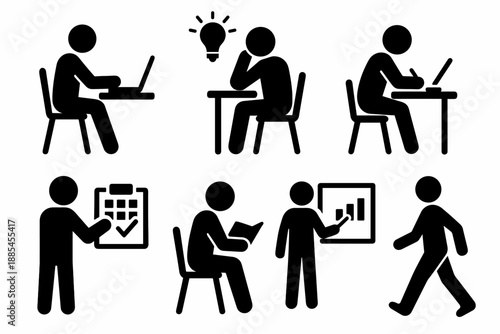 Silhouettes of simple productive actions including typing brainstorming calling writing planning reading presenting and walking for work visuals.