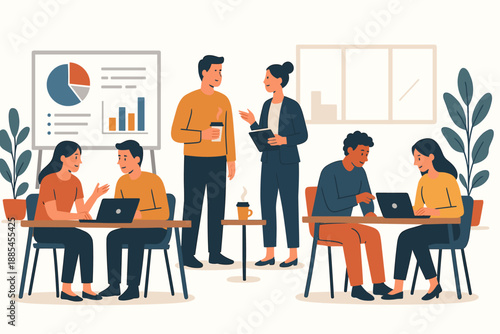 Startup coworking office flat vector illustration scene with desks whiteboard coffee and creative teams.