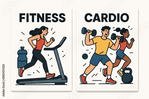 Fitness cardio routine vector two a4 posters poster illustrating treadmill water weights and energetic characters.