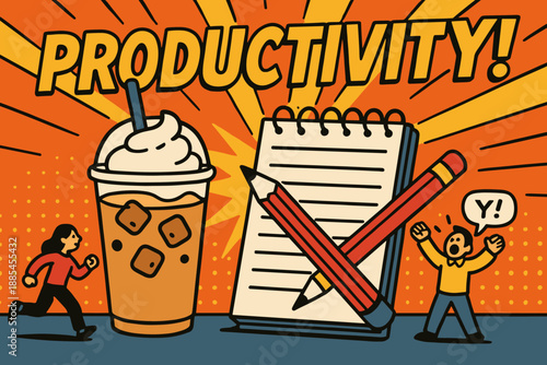 Comic style banner featuring giant iced latte massive notepad oversized pencil tiny characters and energetic productivity shout.
