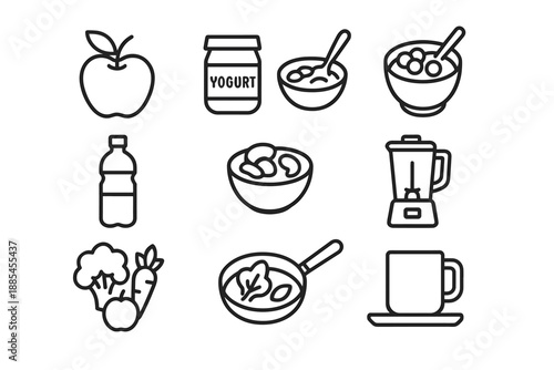 Healthy home icons showing yogurt cereal water bowl nuts blender veggies pan mug and tray for health dashboards.